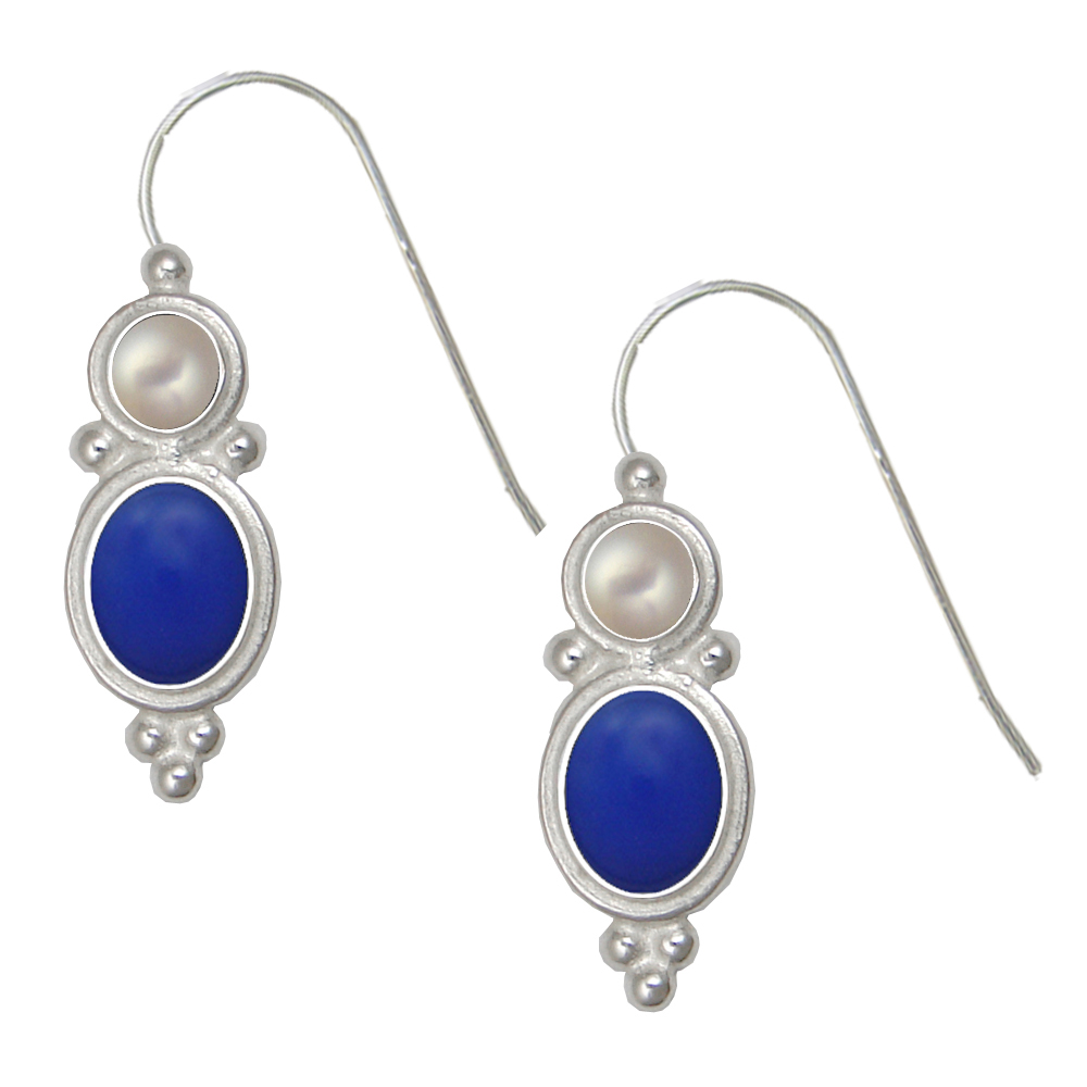 Sterling Silver Drop Dangle Earrings Blue Onyx And Cultured Freshwater Pearl